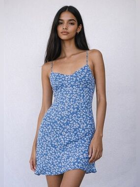 Zara Blue Floral Midi Dress Women’s Small Spaghetti Strap Summer Sundress